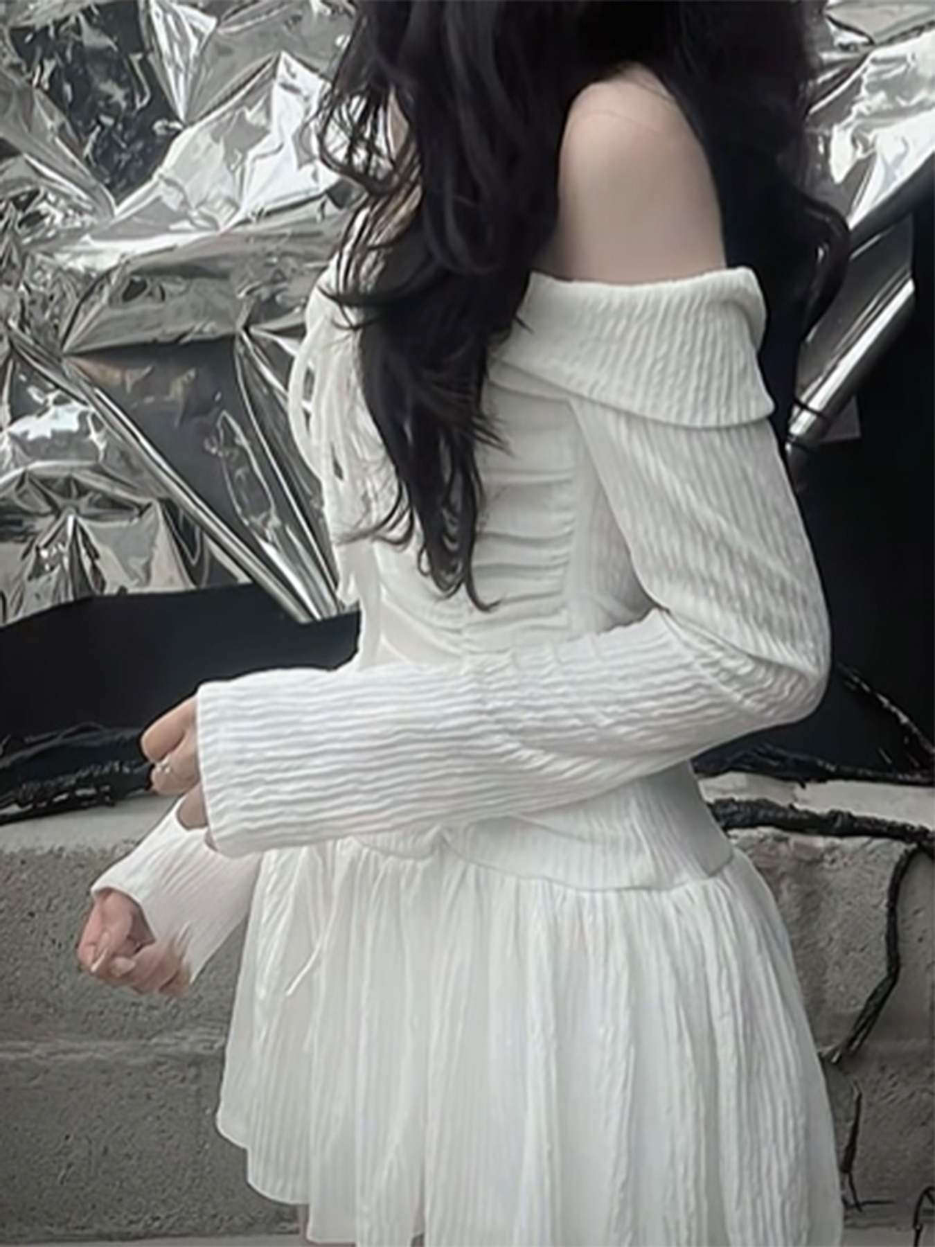 Aiertu - summer inspo Korean Fashion Slash Neck Elegant Long Sleeve A Line White Dress Women Shirring Slim Waist Simple Sweet Japanese Clothing Aiertu