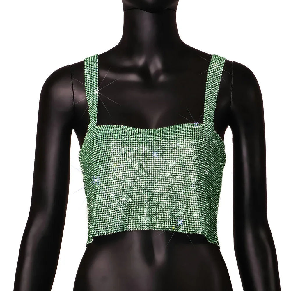 Aiertu  -  Metal Mesh Rhinestone Sleeveless Tank Top Women Back Hollow Chain Crop Tops Hot Girl Beach Sexy Club Party Vest Femme Aiertu