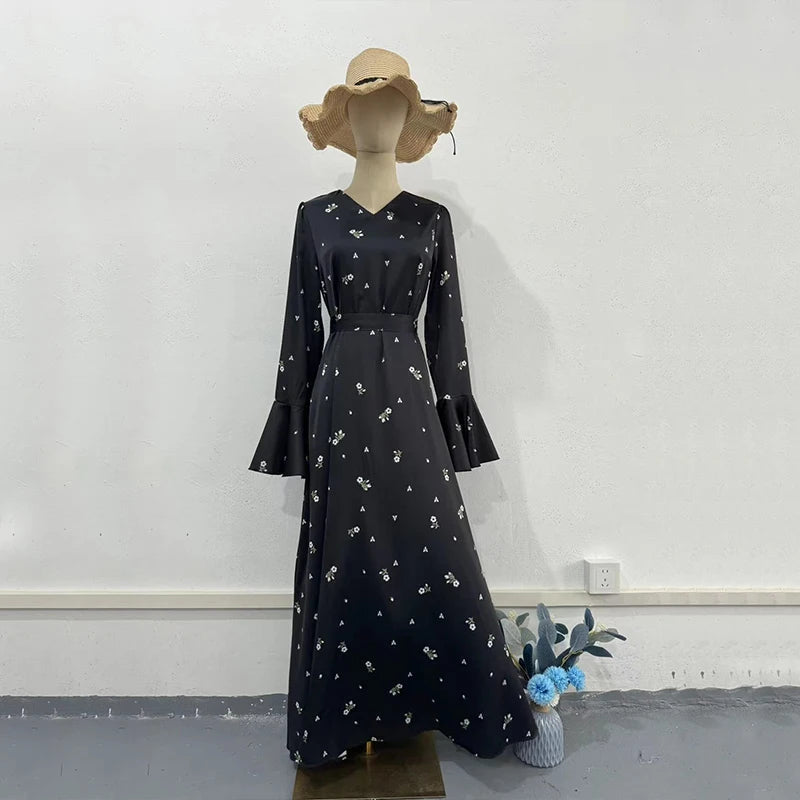 Aiertu  -   Literary Retro Style Women's Black Floral Dress V Neck Long Flare Sleeved High Waist Ruffles Casual Elegant Long Dress Aiertu