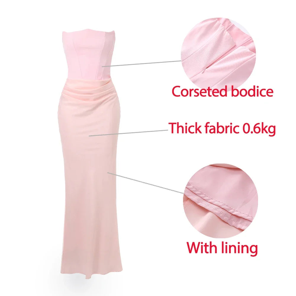 Aiertu  -  Winter Women Strapless Evening Dress 2025 Pink Maxi Corset Dress Elegant Long Satin Night Gala Party Dresses Aiertu