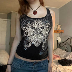 Aiertu  -  Dark style retro printed vest top round neck slim pullover sleeveless knitted top for women summer Aiertu
