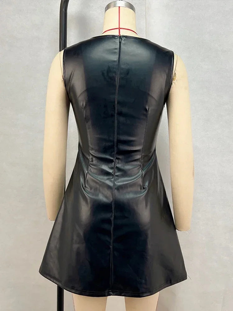 Aiertu  -  Fashion PU Leather Dresses Women Sleeveless Strap Zipper Square Collar Mini Dress Vintage High Waist Female Evening Party Robes Aiertu