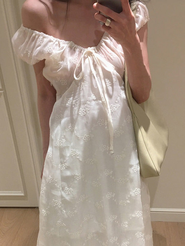Aiertu  Ele Embroidered A-Line Dr Women's Summer Chic Bow-Tied Long Gown Gentle Sle Korean High Waist ort Sve V-Ne Aiertu