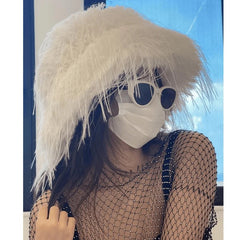 Aiertu  -  Luxury Plush Faux Fur Bucket Hats For Women Fashion Winter Ostrich Feather Female Thicken Warm Fisherman Caps Party Panama Bob Aiertu