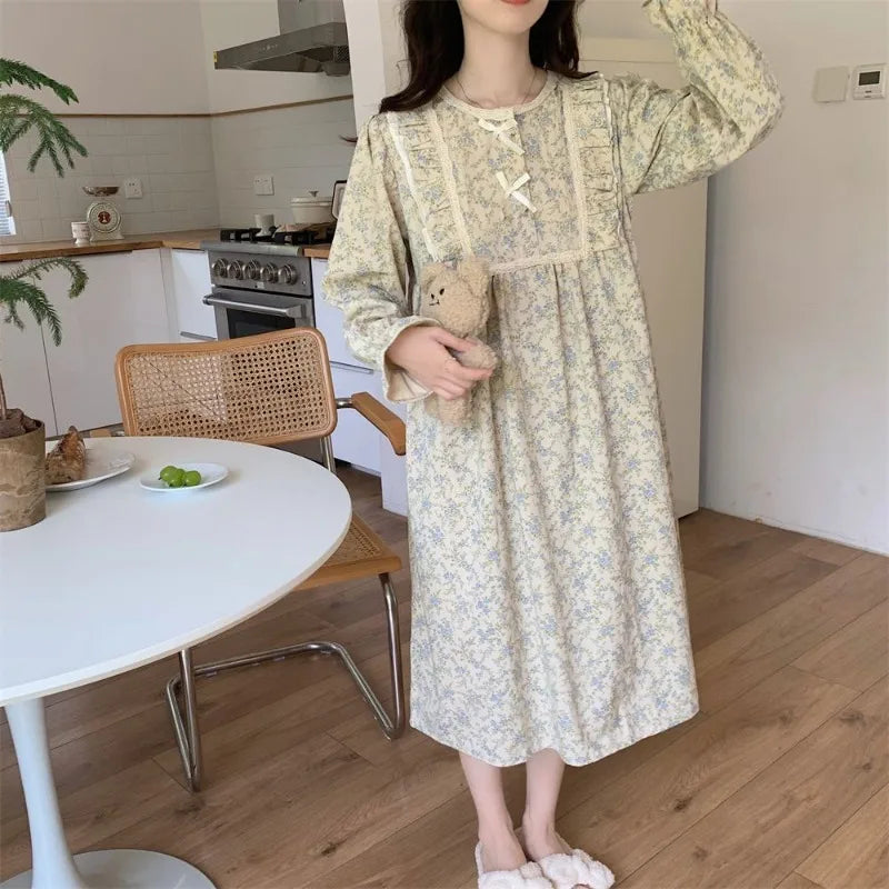 Aiertu Long Sleeve Nightgowns Women Floral Bow Temper Autumn Home Cozy Aesthetic O-neck Prairie Chic All-match Sleepwear Korean Style Aiertu