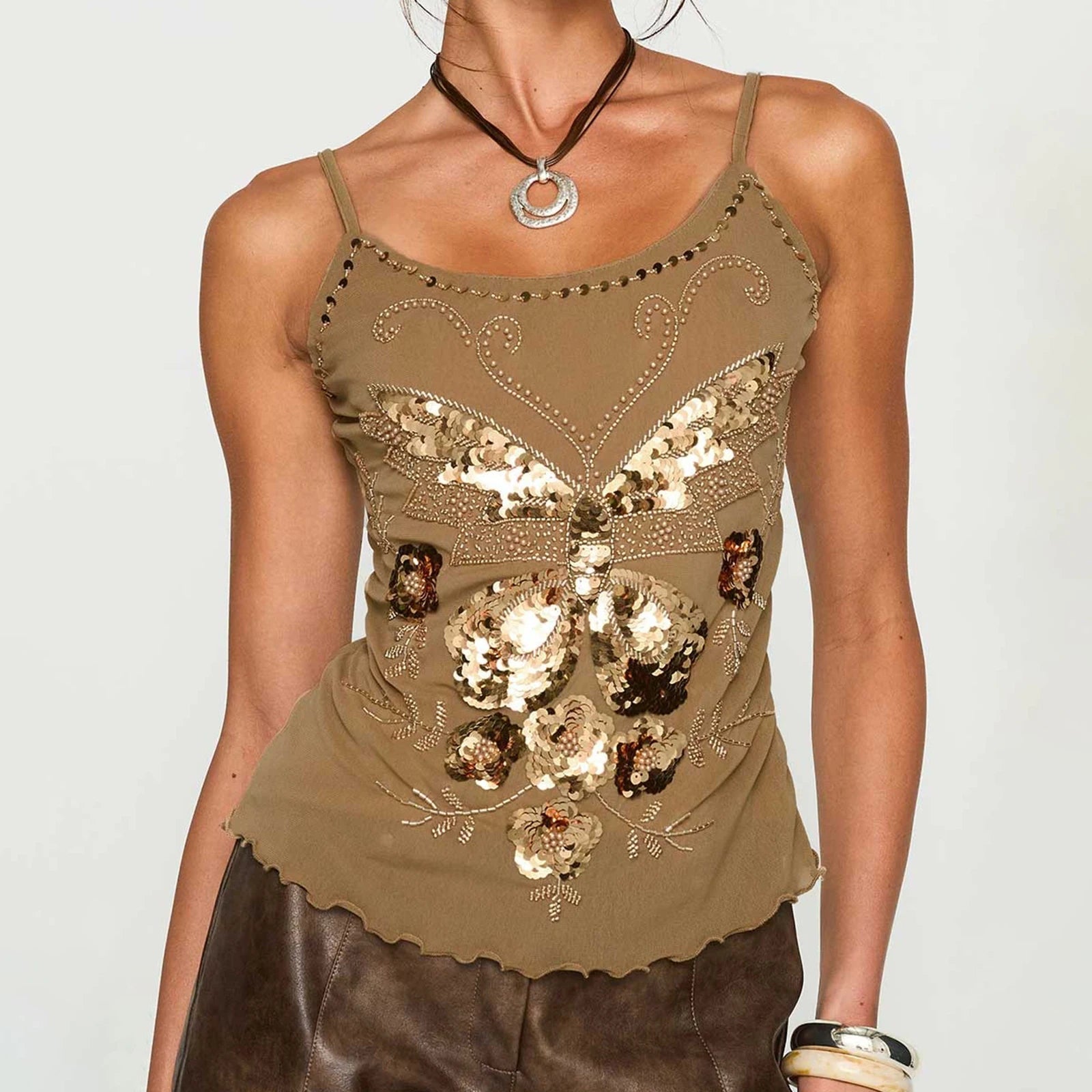 Aiertu  -  Y2k Women Sequin Tank Top Spathetti Strap Rhinestone Shirt Sparkle Glitter Butterfly Cami Crop Tops Going Out Streetwear Aiertu
