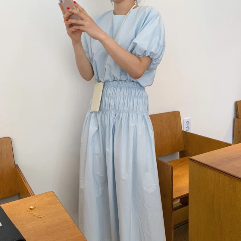 Aiertu  New Women Summer Vintage 2 Two Pieces Skirt Set Puff Sleeve Crop Top with Elastic High Waist Long Skirts Aiertu