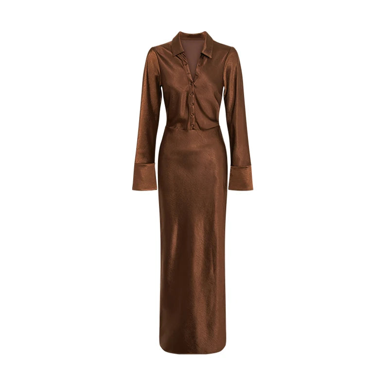 Aiertu  -  Vintage Solid Silk Shirt Long Dresses Women Elegant Loose Lapel Single Breasted High Waist Slit Dress Lady Chic Party Streetwear Aiertu