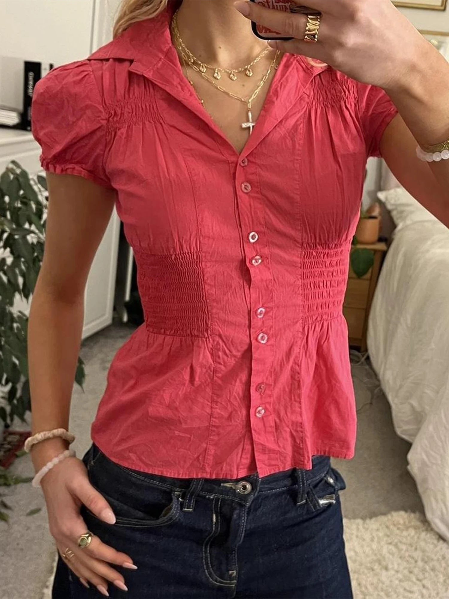 Aiertu  -  Ladies Stylish Short Sleeve Tee Shirt with Button Detail in Solid Color for Casual Streetwear and Grunge Fashion Trends Aiertu