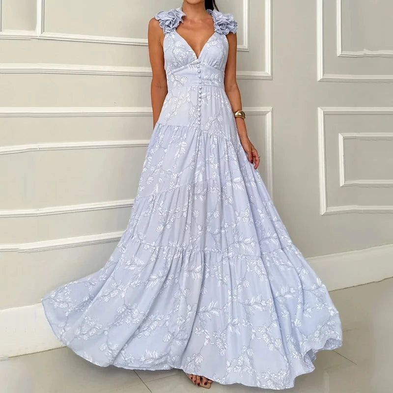 Aiertu  -  Women Maxi Dress Elegant Sweet Sleeveless V Neck Petal Sleeve Cross-Strap Printed Nipped Waist Backless Lace Up Dresses Aiertu