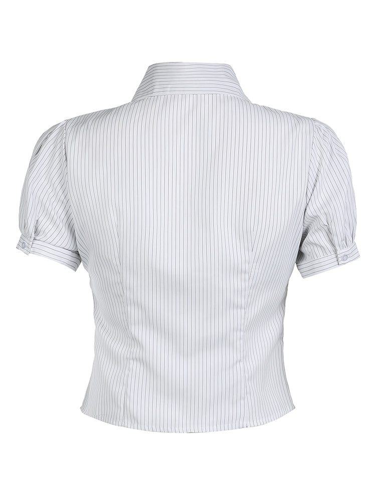 Aiertu - summer inspo Hot White Stripe Puff Short Sleeve Button Shirts For Women Basic Simple Casual Seumme Preppy Tops Y2K Korean Clothes Aiertu