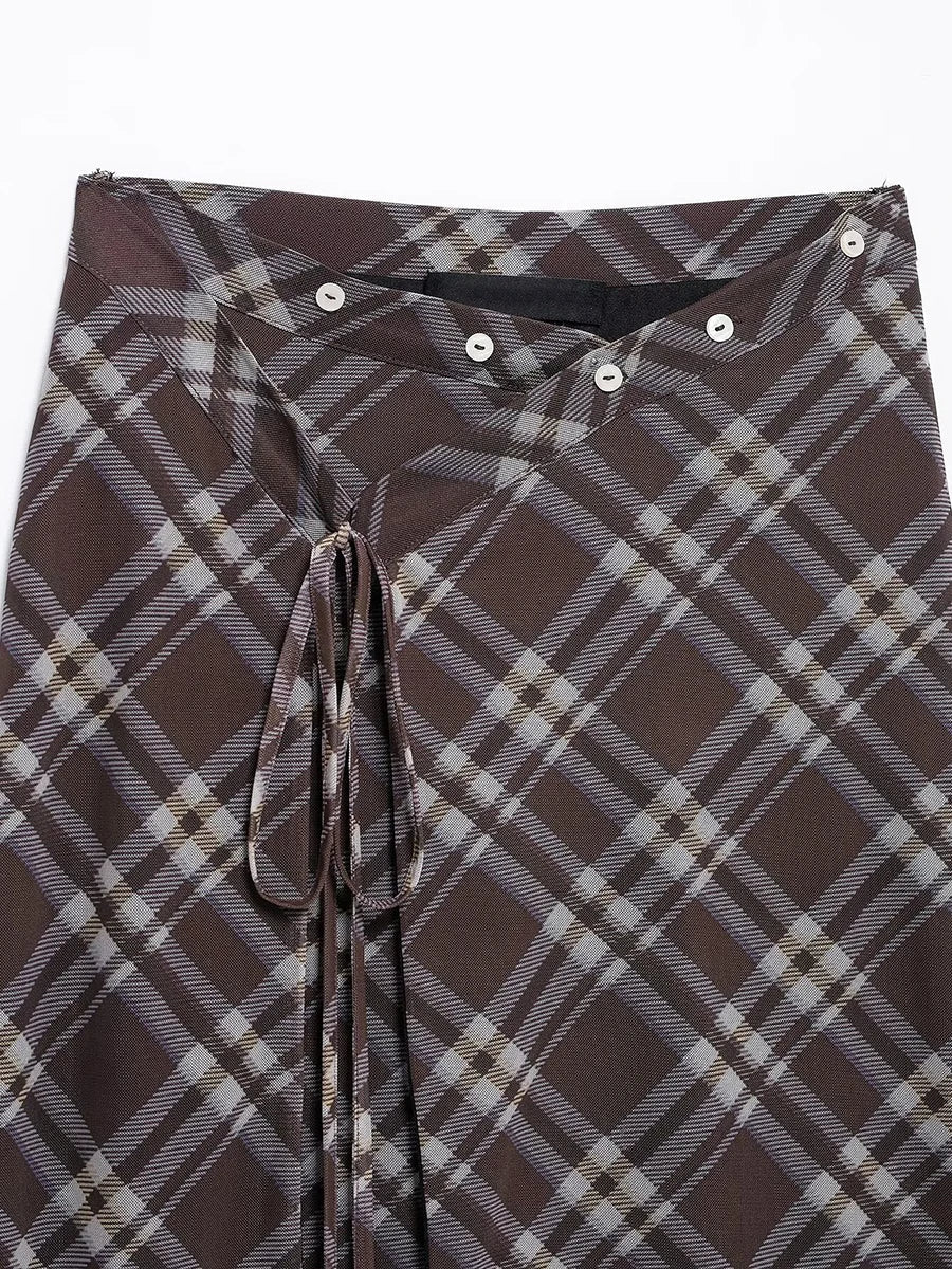 Aiertu  -  Vintage Plaid Lace-up Midi Skirt Women Summer New Buttons High Waist Split A-line Long Skirts Streetwear Fashion Casual Jupe Aiertu