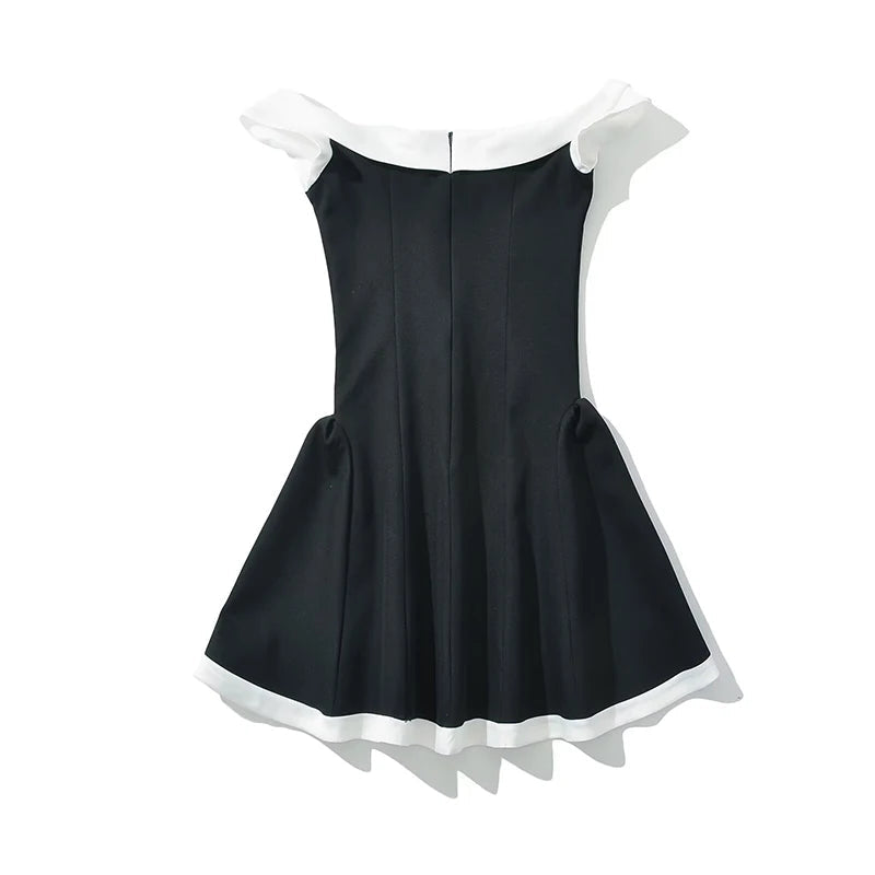 Aiertu  -  Elegant Women Black White Hit Color Sexy Off Shoulder Dress Short Sleeve Summer Evening Party Mini Dresses Ball Gown Robe Aiertu