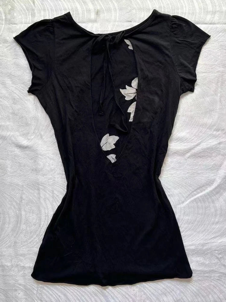 Aiertu  -  Y2k Aesthetic Vintage Flower Printing T-shirt 2025 Summer Backless Bandage Streetwear Tops Harajuku Sexy grunge Fairy Tshirts Aiertu