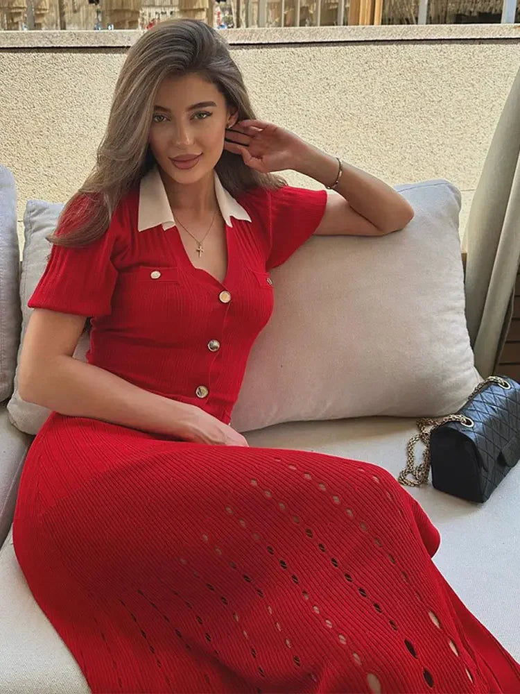 Aiertu  -  Fashion Women Contrasting Lapel Single Breasted Knitted Midi Dress Elegant V Neck Puff Short Sleeve Slim Dresses Chic Lady Robes Aiertu