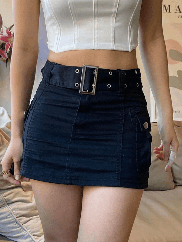 Aiertu  -Buckle Belt Denim Cargo Mini Skirt aiertu