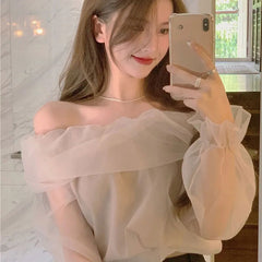 Aiertu Slash Neck Shirts Women Sweet Mesh Off Shoulder Blouses Office Lady Korean Fairy Elegant Puff Long Sleeve Slim Chic Tops Aiertu