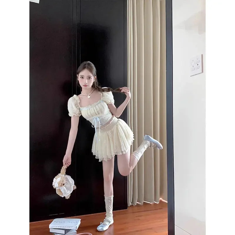 Aiertu  -  Sweet hot girl suit women's summer polka dot bubble sleeve top high waist lace a-line skirt two-piece set fashion female clothes Aiertu