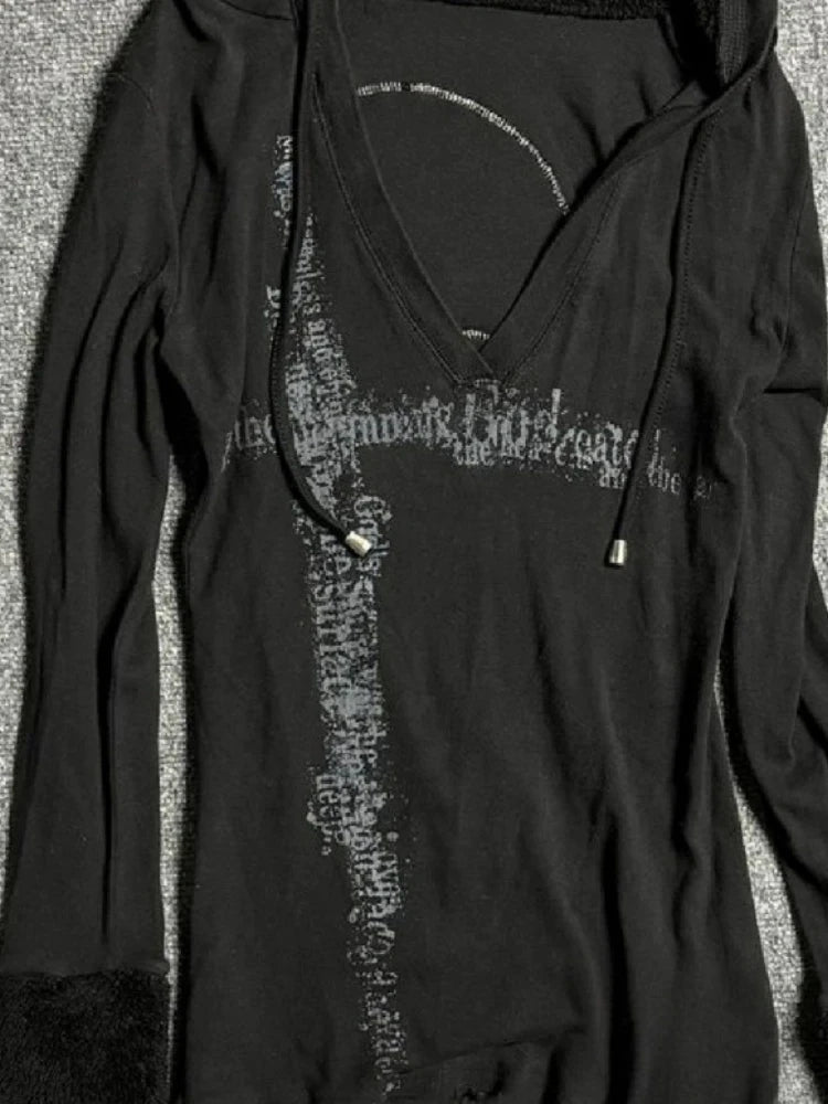 Aiertu  -  Y2k Aesthetic Fur Patchwork Long Sleeve T-shirt Women Gothic Punk Hooded Drawstring Tshirts Grunge Print Slim Fit Vintage Tees Aiertu