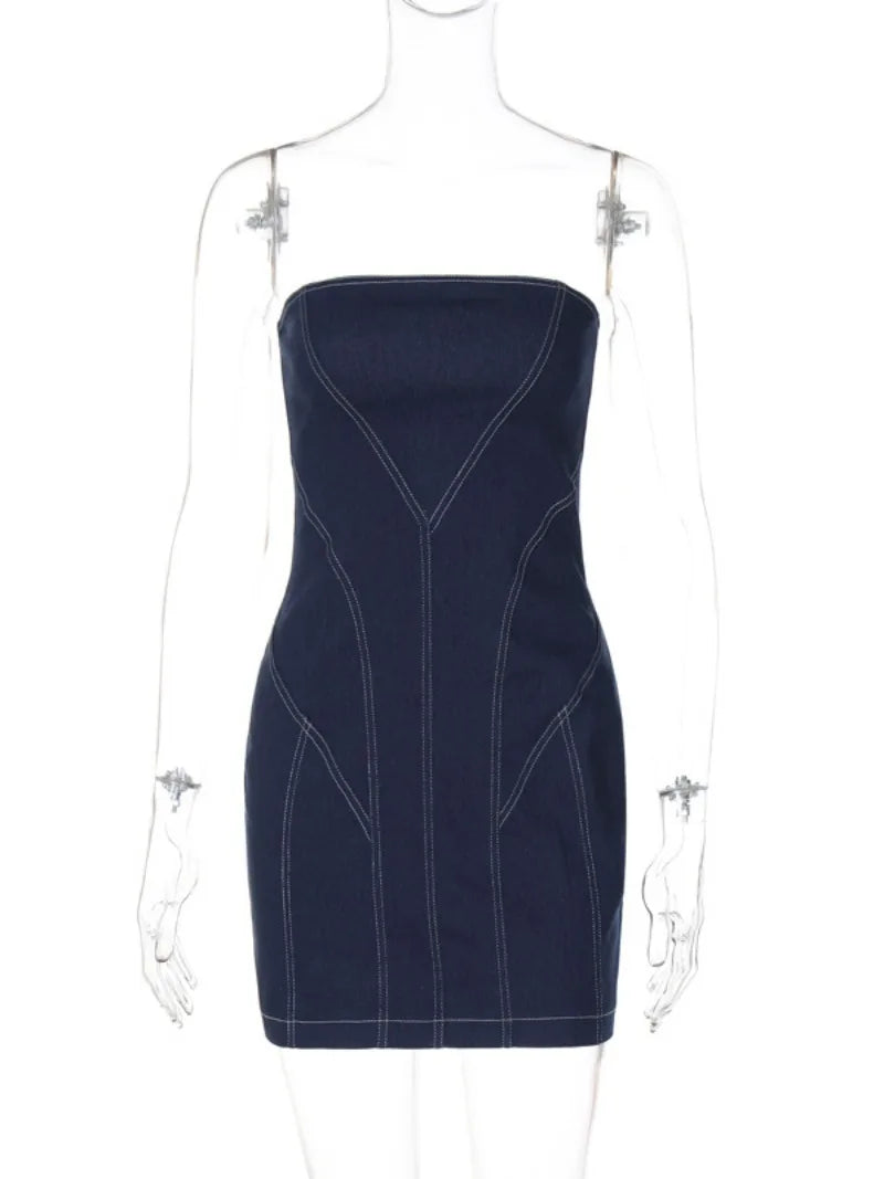 Aiertu  -  Woman Clothes Strapless Solid Blue Denim Dress Y2K Streetwear 2026 Ladies Sleeveless High Waist Backless Zip-up Short Dresses Aiertu