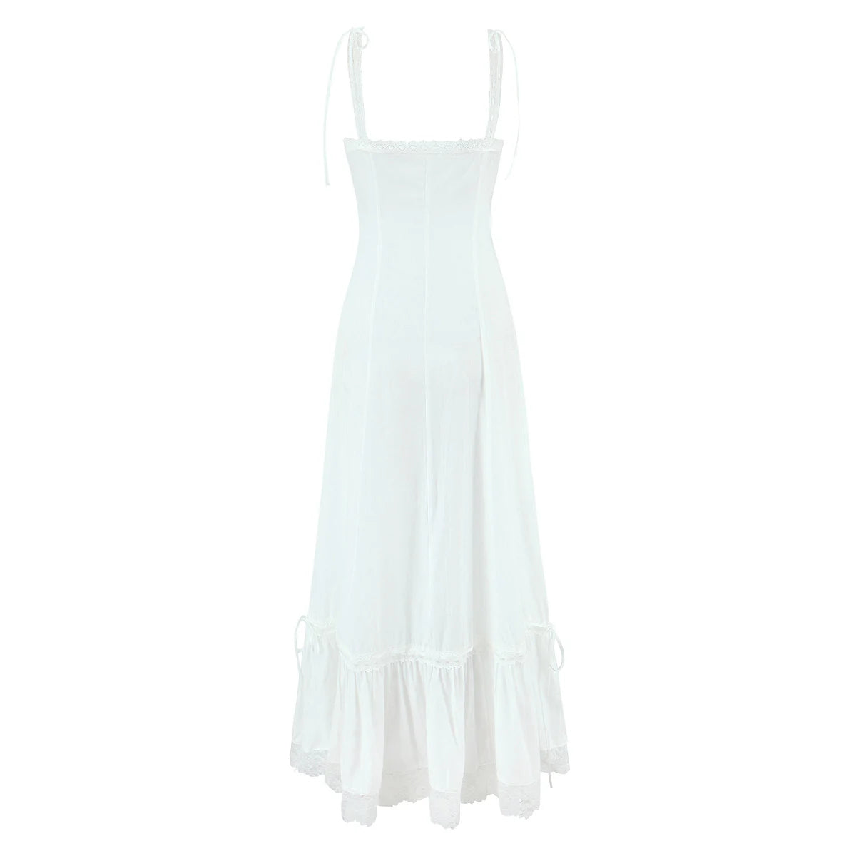 Aiertu  -  White Spliced Lace Slash Collar Corset Style Ruched Low Waist Midi Long Sling Dress Women Ribbon Swing Dresses Summer Robe Aiertu