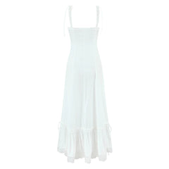 Aiertu  -  White Spliced Lace Slash Collar Corset Style Ruched Low Waist Midi Long Sling Dress Women Ribbon Swing Dresses Summer Robe Aiertu