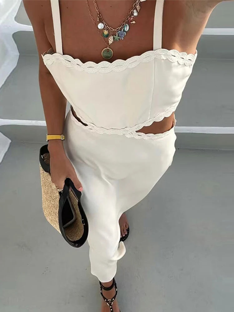 Aiertu  -  Sexy Hollow Out Sling Midi Dress Women Casual Pleated Square Collar Sleeveless A-line Female Dresses Summer Lady Vestidos Aiertu