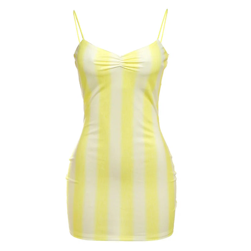 Aiertu  -  Sexy Striped Print Dress Women Spaghetti Strap Summer New Trend Sleeveless Backless Pleated Beach Vacation Mini Bodycon Aiertu
