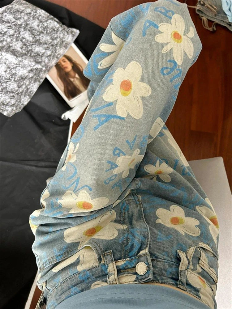 Aiertu  -  Women's Daisy Printed High Waisted Jeans Summer Street Cool Girl Bottoms Wide Legs Irregular Pants Female Baggy Denim Trousers Aiertu