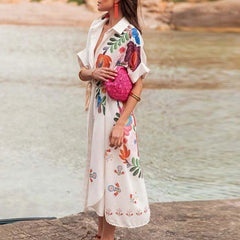 Aiertu  -  New Pattern Printed Loose Long Dress Women's Fashion Single Breasted Bohemian Dress Retro Short Sleeve Split Beach Dresses Aiertu