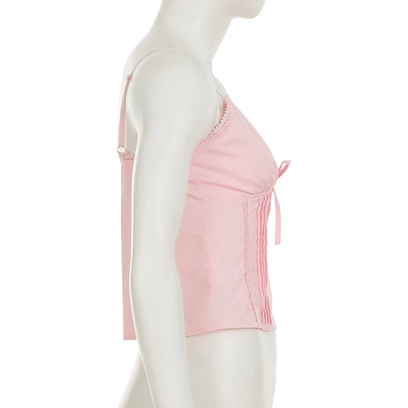 Aiertu  -  Solid Fold Texture Bow Sexy Camisole Deep V-neck Casual Streetwear All-match White Summer Top Chic Vintage Vest Aiertu