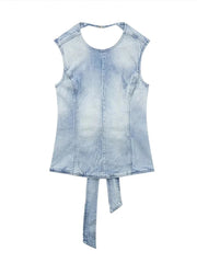 Aiertu  -  Sexy Denim Backless Lace Up Vest Women Slim O-neck Sleeveless Spliced Female Waistcoat Summer Lady Chic Casual Streetwear Aiertu