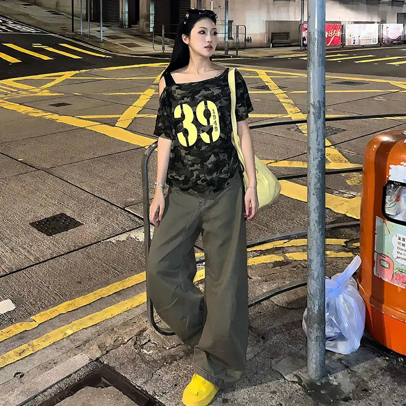 Aiertu  -  street slanted shoulder t-shirt women's summer new camouflage short-sleeved y2k loose and thin off-the-shoulder machine top Aiertu
