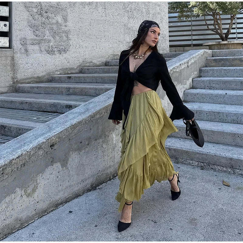 Aiertu  -  Irregular Multi-layer Ruffles Skirt Women Ribbon Pleated Elegant High Waist A-line Skirts 2025 Summer New Street Fold Lady Robe Aiertu