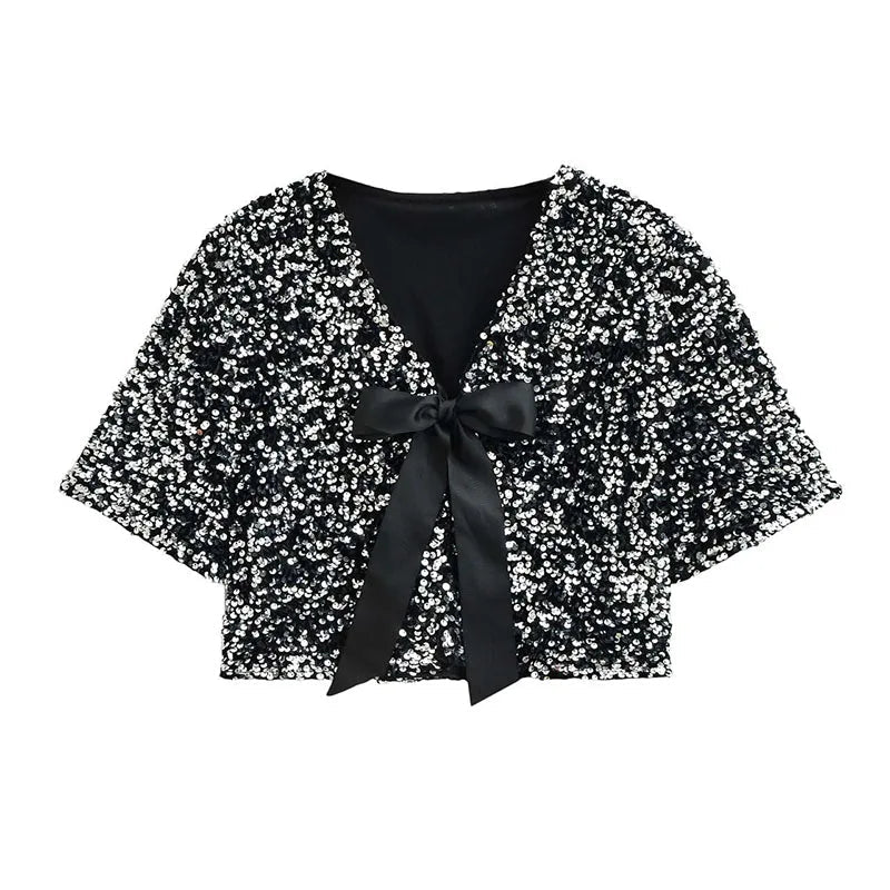 Aiertu  Elegant Sequin Women Cardigan Coat O Neck Hollow Out Bow Tied Shinny Short Top Female Long Sleeve Fashion Highstreet Outerwear Aiertu