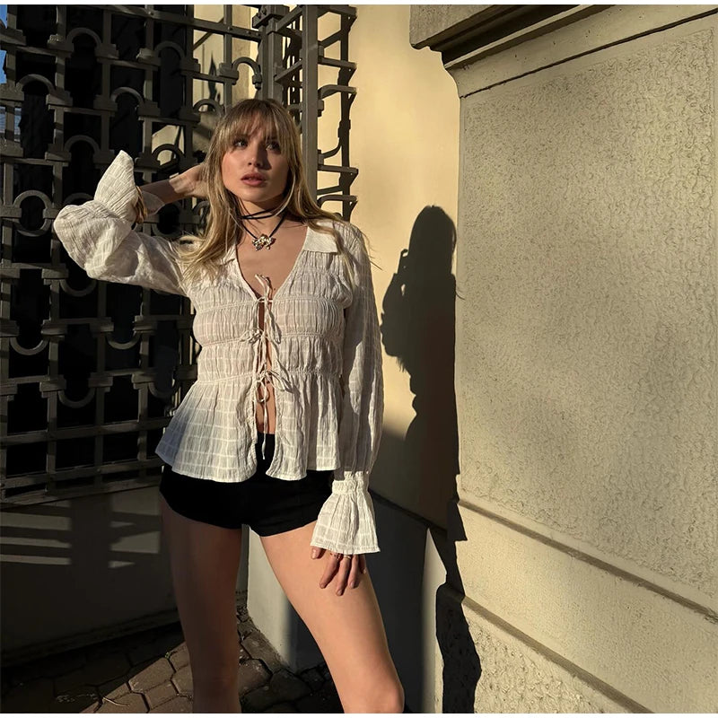 Aiertu  -  Chic Folds Long Puff Sleeve Shirts For Women Elegant Turn-down Collar Lace Up Blouse Summer Holiday Commute Street Beach Tops Aiertu
