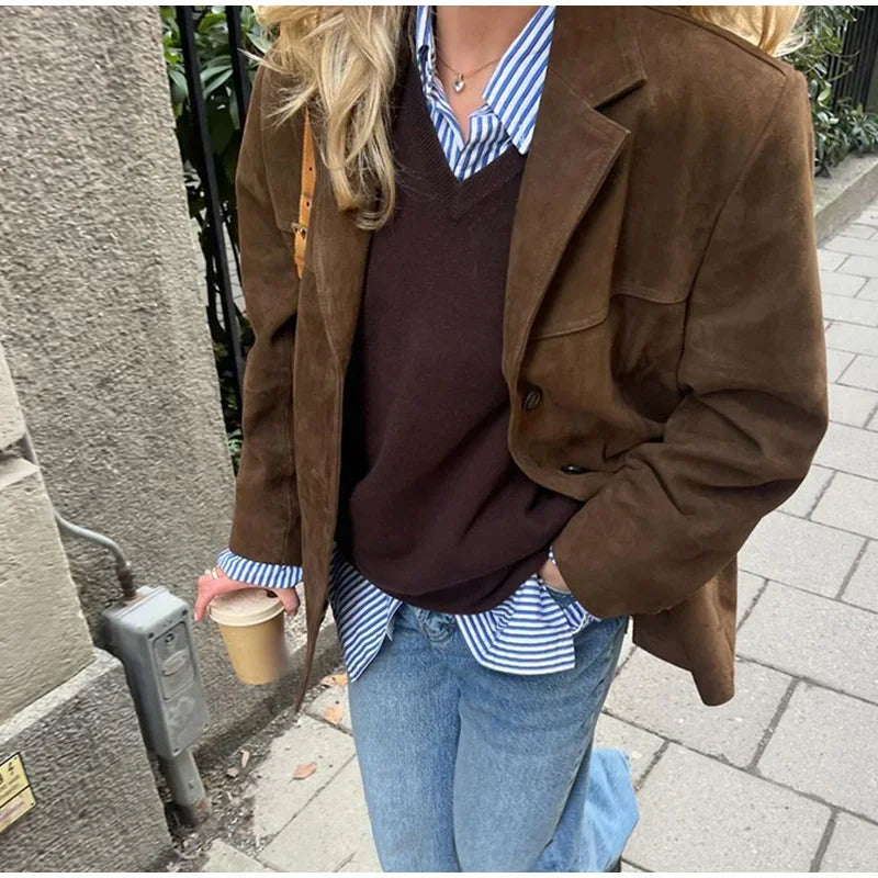 Aiertu  -  Vintage Faux Suede Lapel Coats Women Loose Single Breasted Pockets Blazer Jacket 2026 Autumn New Female Casual Chic Outwears Aiertu