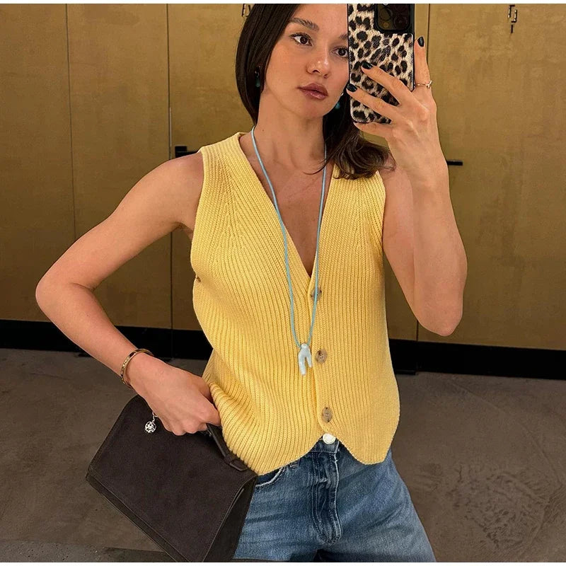 Aiertu  -  Casual Knit Crochet Vest Women Loose V-neck Single Breasted Sleeveless Waistcoat 2026 Autumn New Lady All Match Top Streetwear Aiertu