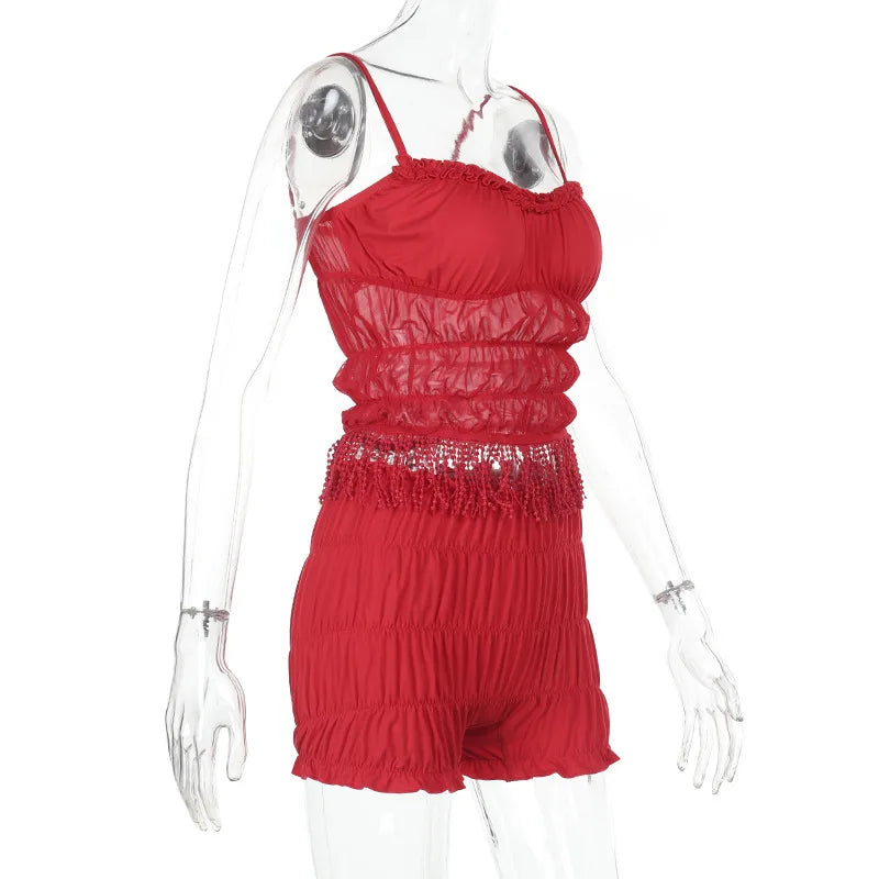 Aiertu  -  2 Piece Sets Woman Outfit Sexy Fringed Ruched Mesh Top and Shorts Solid Matching Sets Summer Wear 2025 P66-FZ18 Aiertu