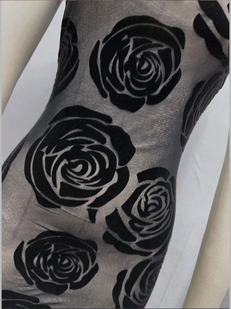 Aiertu  -  Black Rose Printed See Through Slim Long Dress Women Sexy Irregular Spaghetti Sleeveless Backless Vestidos Elegant Party Robe Aiertu