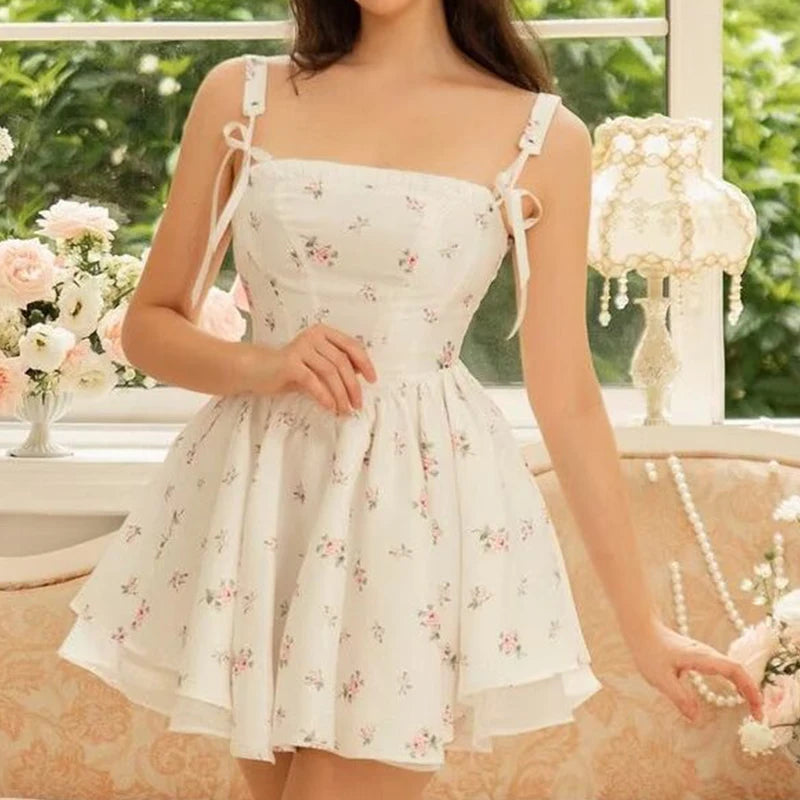 Aiertu  -  French Style Lace Up Back Princess Mini Dresses Women Floral Print Low Waist A-line Summer Dress Holiday Elegant Party Robe Aiertu