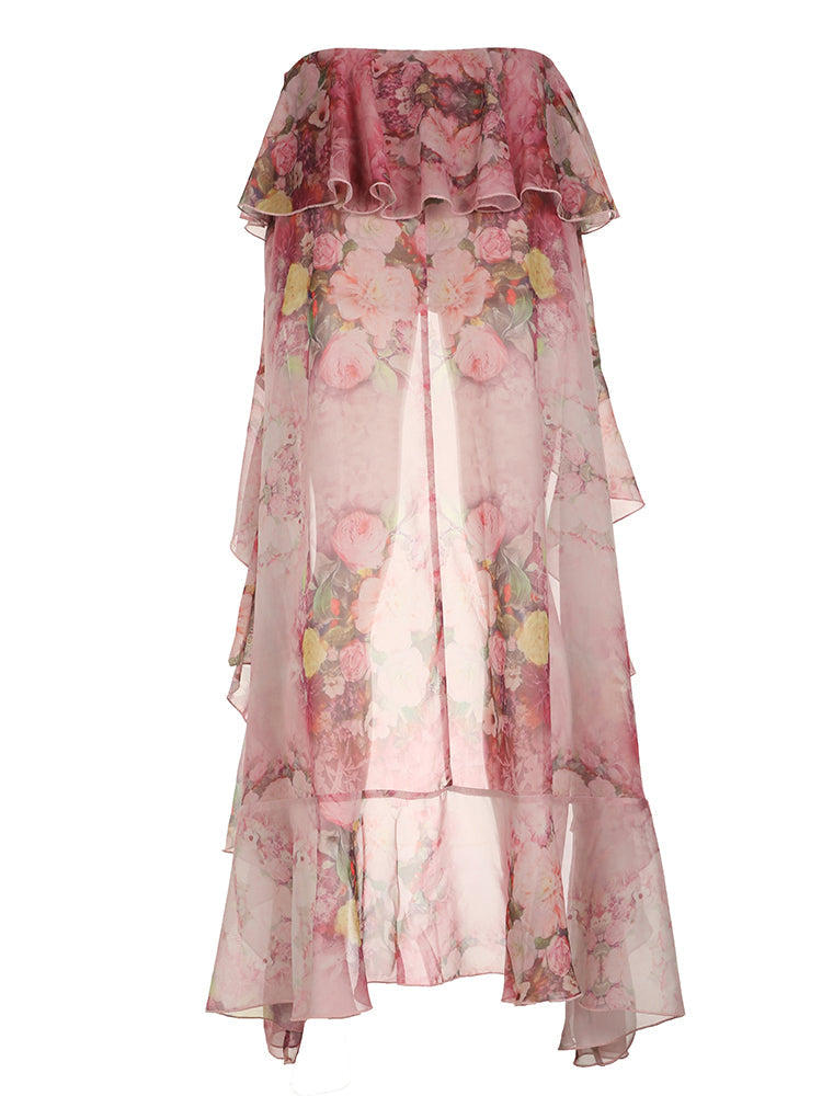 Aiertu - summer inspo Hot Beach Boho Floral Print Chiffon Ruffled Skirt Women Asymmetrical Dipped Hem Pink Romantic Elegant Sexy Vacation Skirts Aiertu