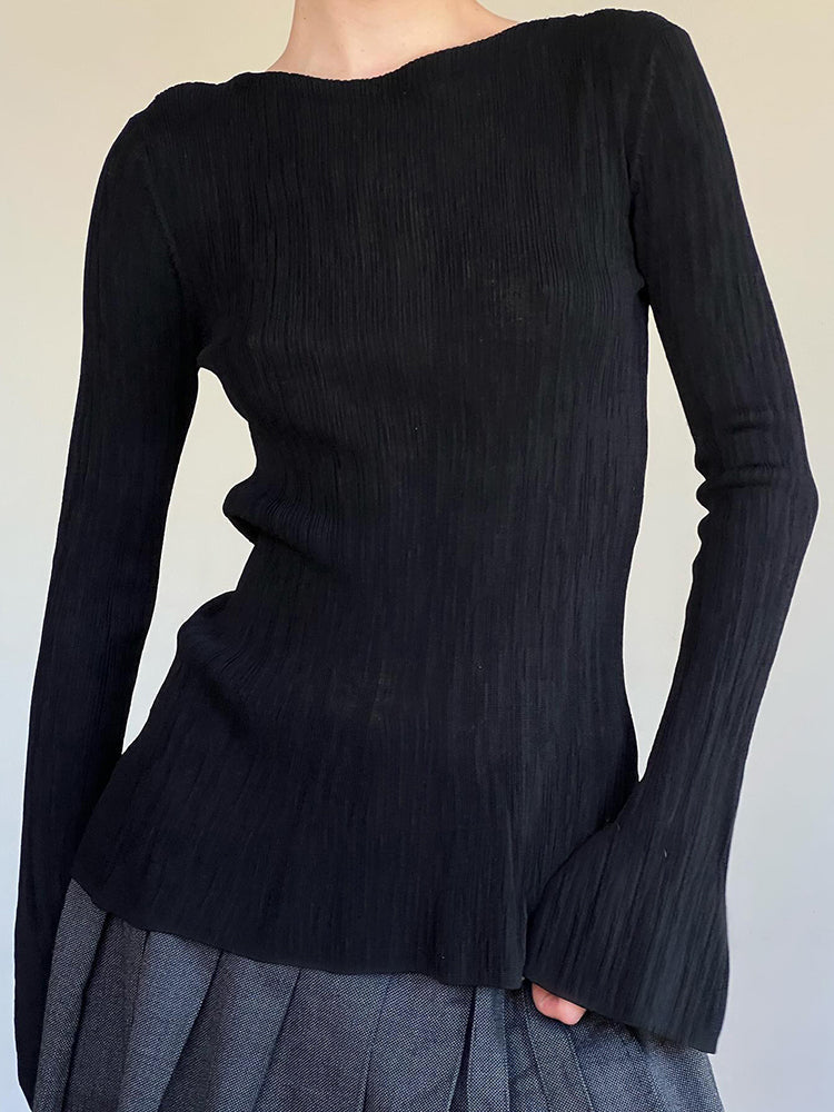 Aiertu - summer inspo Black Solid Slim Flared Sleeve Elegant T Shirt Women Simple Basic Fashion Spring Autumn Knitted Top Tees Aiertu