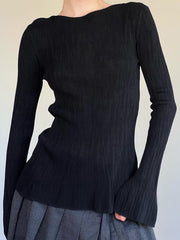Aiertu - summer inspo Black Solid Slim Flared Sleeve Elegant T Shirt Women Simple Basic Fashion Spring Autumn Knitted Top Tees Aiertu