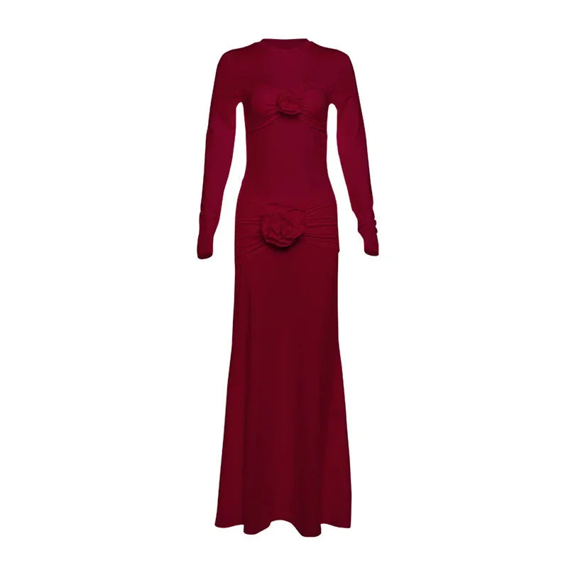 Aiertu  -  Sexy Slim Ruched Flower Maxi Dress For Women  Long Sleeve Solid Party Streetwear Outfits Elegant High Elasticity Dresses Aiertu