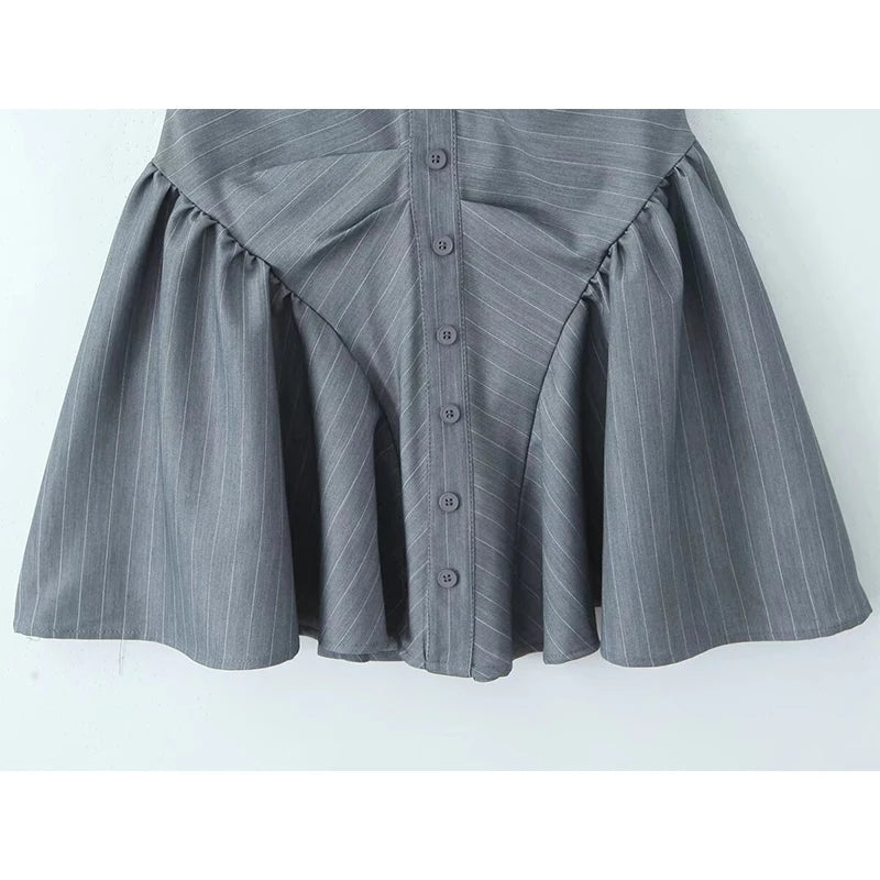 Aiertu  -  Sexy Backless Gray Striped Halter Mini Dress Women Front Button Low Waist Fit And Flare Slim Dress Summer Robe New 2025 Aiertu