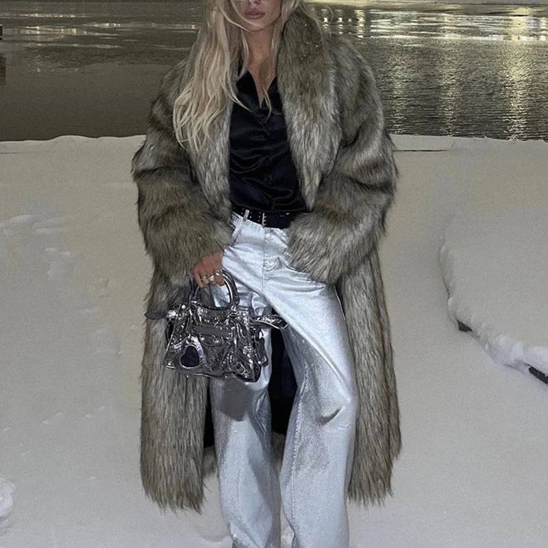 Aiertu  -  Luxury Long Faux Fur Coat Women Winter Fluffy Gradient Fluffy Fox Fur Jacket Female Long Trench Coat Plush Furry Overcoat Aiertu
