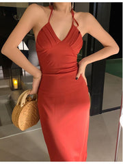 Aiertu Women Summer Spaghetti Straps V-Neck Backless Midi Dresses Female Beach Prom Party Sexy Vestidos Sundress Aiertu