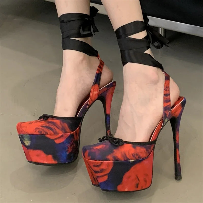 Aiertu  -   Sexy Platform Ankle Lace-up Woman Pumps Sandals Fashion Square Toe Thin High Heels Nightclub Party Strippers Shoes Aiertu