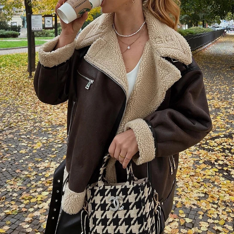 Aiertu  -  Women Faux Lamb Fur Leather Short Jacket Lapel Zipper Bomber Outwear Faux Suede Lapel Coat Warm Biker Motor Aviator Coat Aiertu
